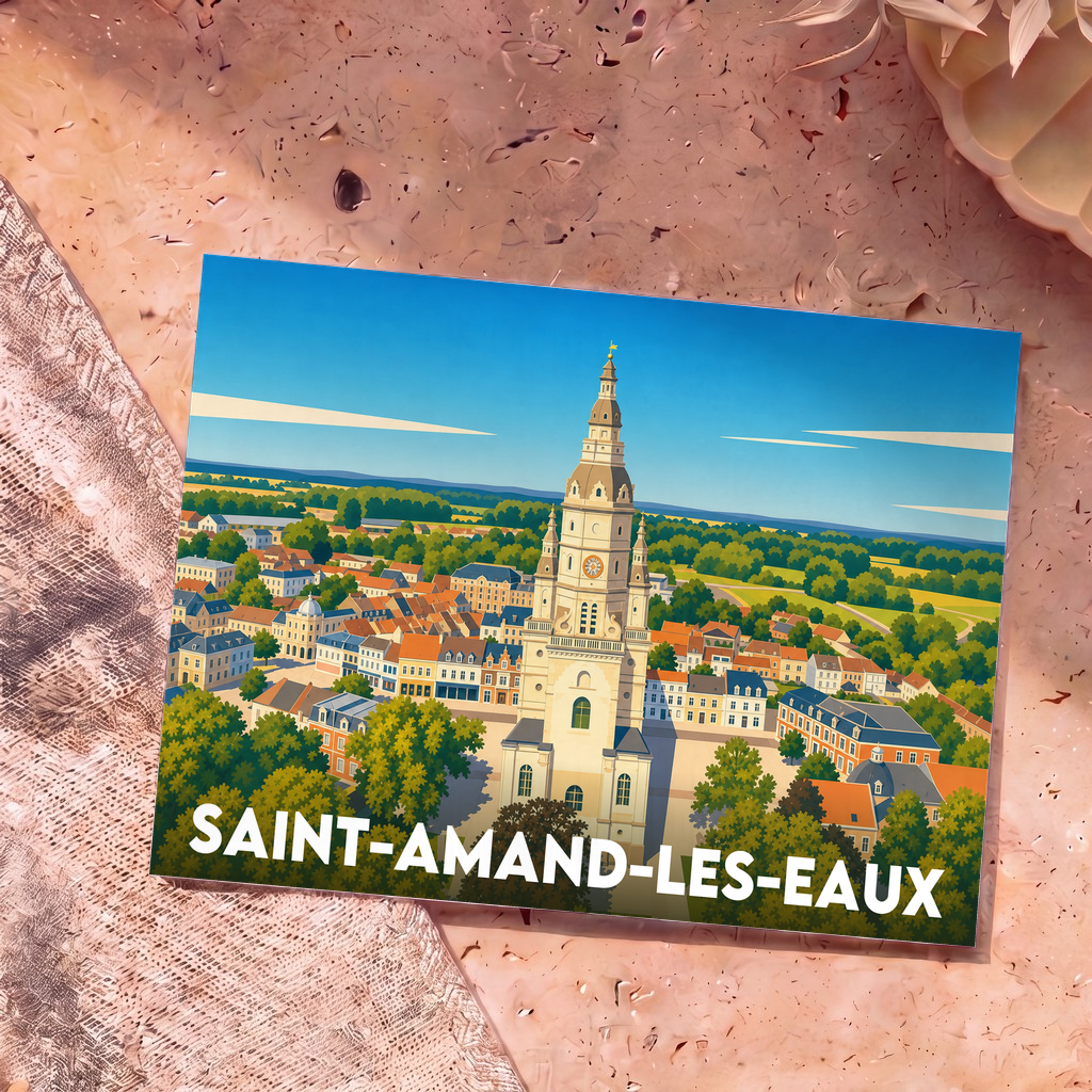 Carte postale souvenir de la ville de Saint-Amand-les-Eaux avec une illustration stylisée de son abbaye et de ses toits.