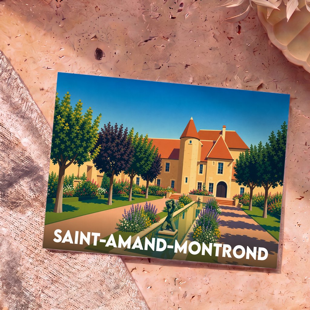 Carte postale souvenir de la ville de Saint-Amand-Montrond avec une illustration stylisée de son patrimoine.