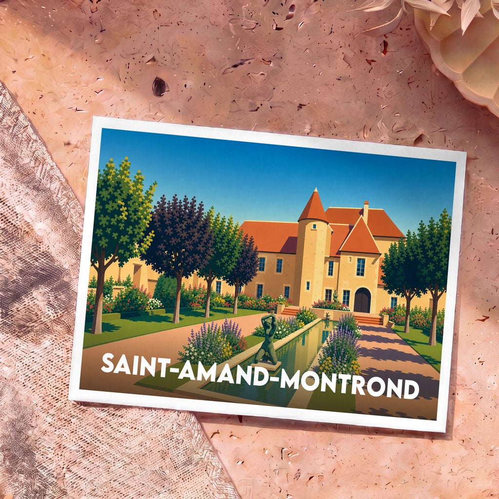 Carte postale souvenir de la ville de Saint-Amand-Montrond avec une illustration stylisée de son patrimoine.
