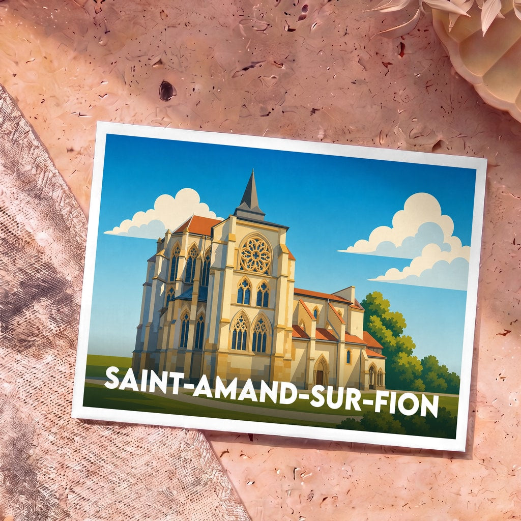 Carte postale souvenir de la ville de Saint-Amand-sur-Fion avec une illustration stylisée de son église.