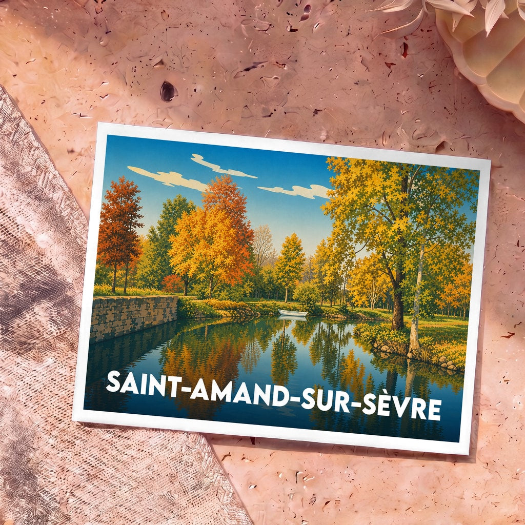 Carte postale souvenir de la ville de Saint-Amand-sur-Sèvre illustrant un paysage automnal au bord de l'eau.
