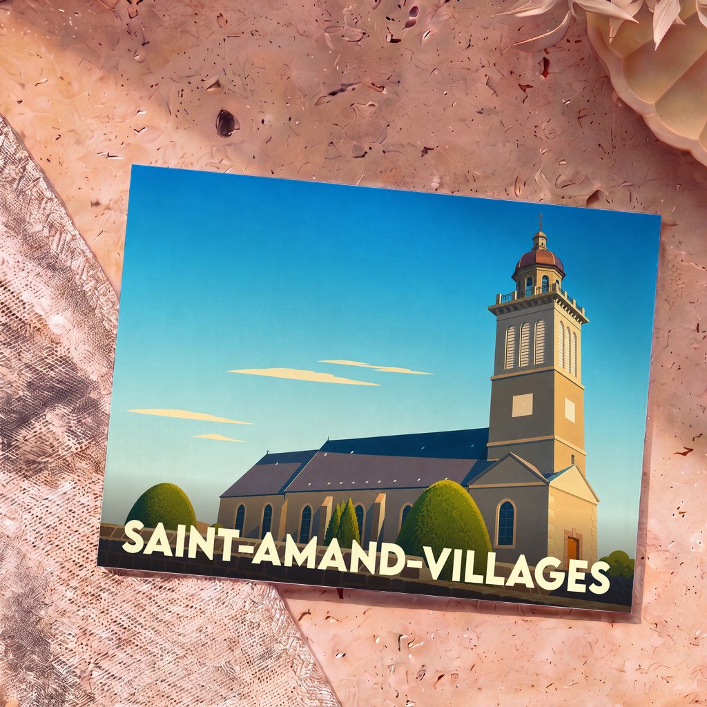 Carte postale souvenir de Saint-Amand-Villages avec une illustration stylisée de l'église locale.