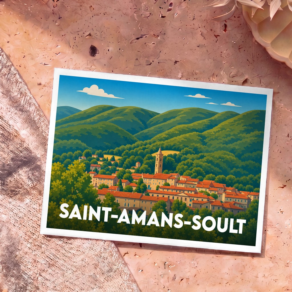 Carte postale souvenir de la ville de Saint-Amans-Soult avec une illustration stylisée des montagnes et du village.