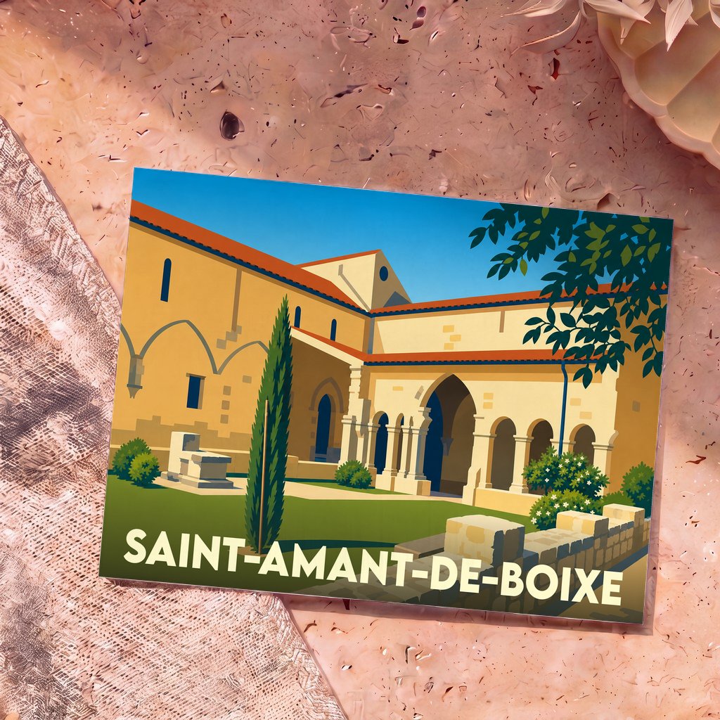 Carte postale souvenir de Saint-Amant-de-Boixe avec une illustration stylisée de son abbaye et de son cloître.