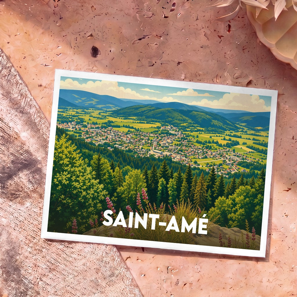 Carte postale souvenir de la ville de Saint-Amé avec une illustration stylisée d'un panorama de montagne et de forêt.