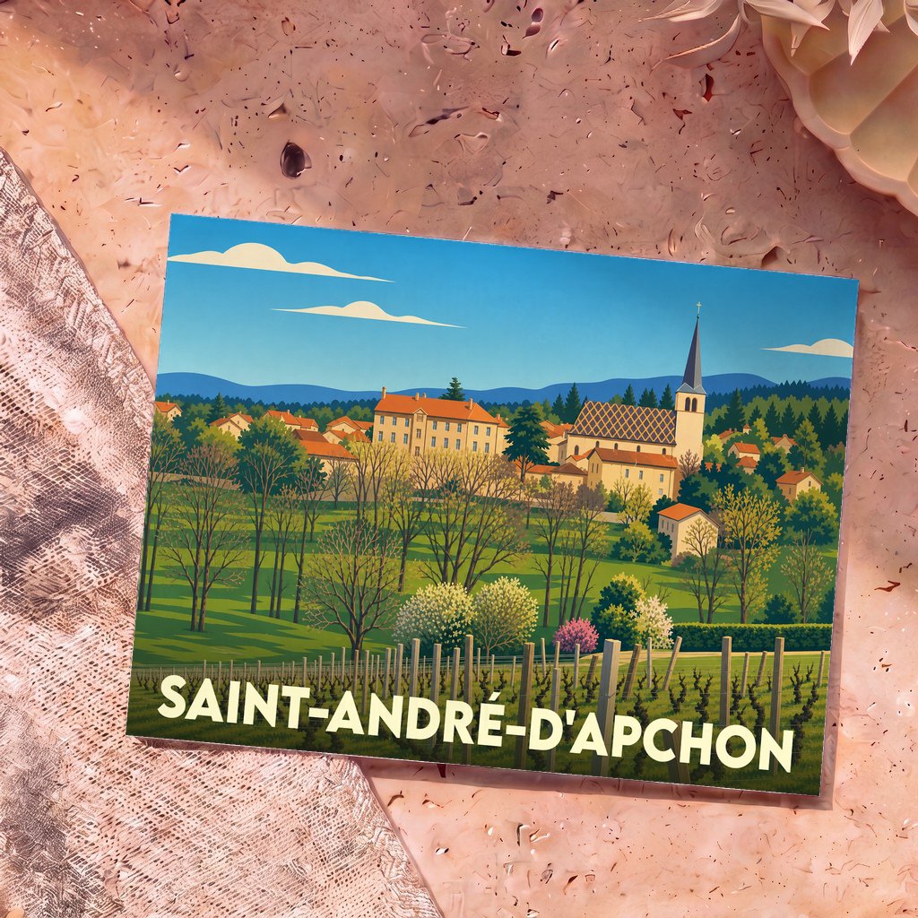 Carte postale souvenir de Saint-André-d'Apchon avec une illustration stylisée du village et de ses vignobles.