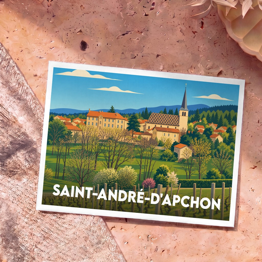 Carte postale souvenir de Saint-André-d'Apchon avec une illustration stylisée du village et de ses vignobles.