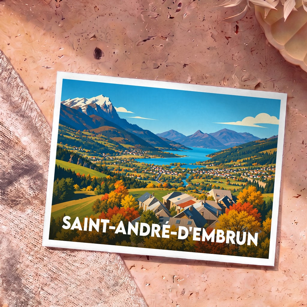 Carte postale souvenir de la ville de Saint-André-d'Embrun avec une illustration stylisée d'un paysage de montagne et d'un lac.