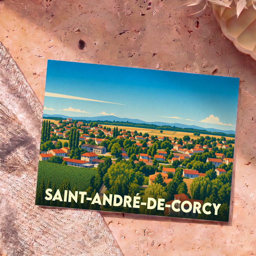 Carte postale souvenir de la ville de Saint-André-de-Corcy avec une illustration stylisée de son paysage urbain et rural.