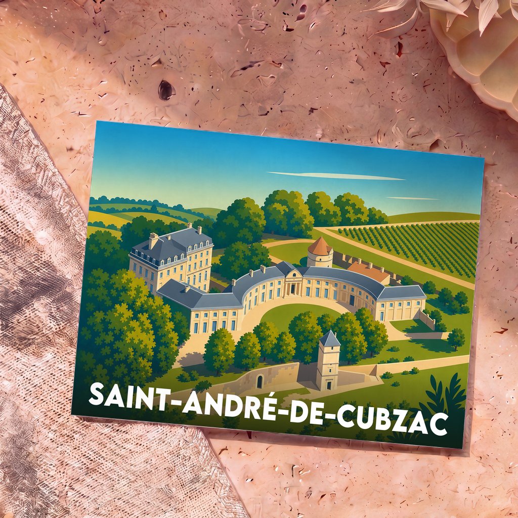 Carte postale souvenir de Saint-André-de-Cubzac illustrant un château entouré de vignes dans un style graphique épuré.