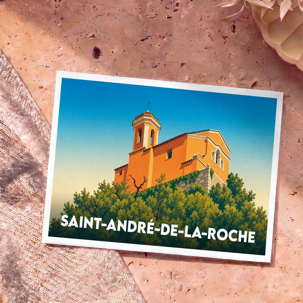 Carte postale souvenir de la ville de Saint-André-de-la-Roche illustrant son église perchée sur une colline verdoyante.