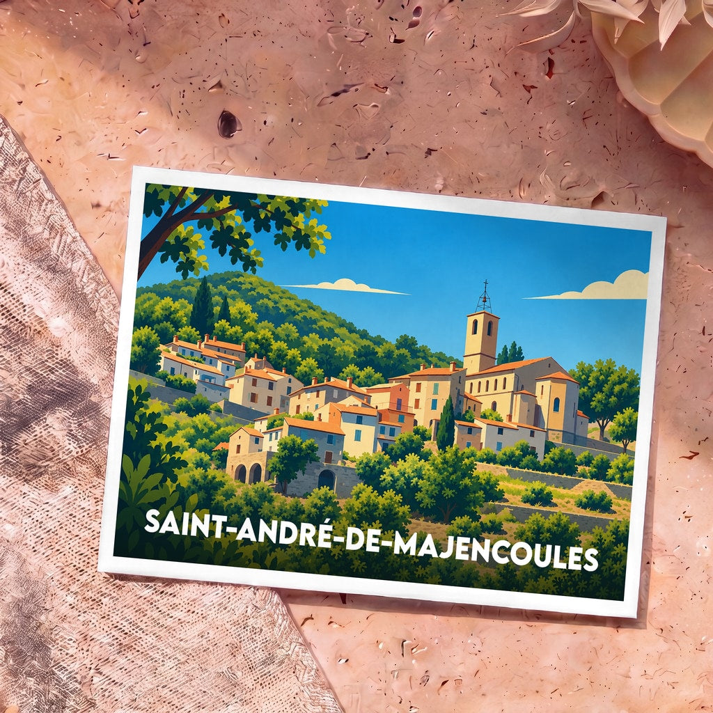 Carte postale souvenir de la ville de Saint-André-de-Majencoules avec une illustration stylisée de son village perché.
