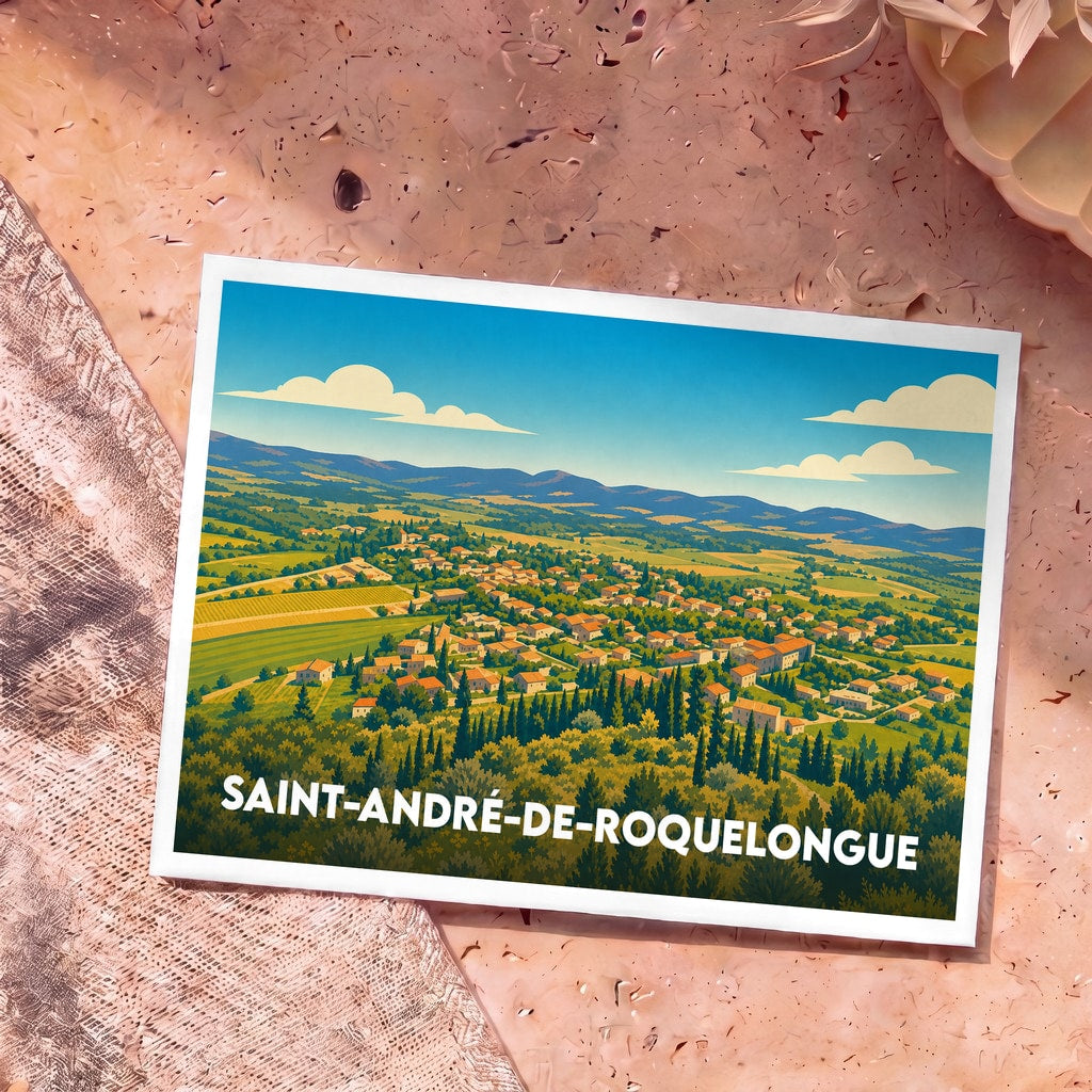 Carte postale souvenir de la ville de Saint-André-de-Roquelongue avec une illustration stylisée de son paysage vallonné.