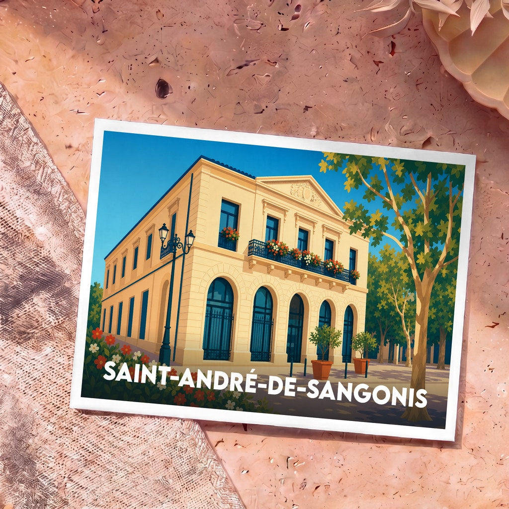 Carte postale souvenir de la ville de Saint-André-de-Sangonis avec une illustration stylisée de sa mairie.