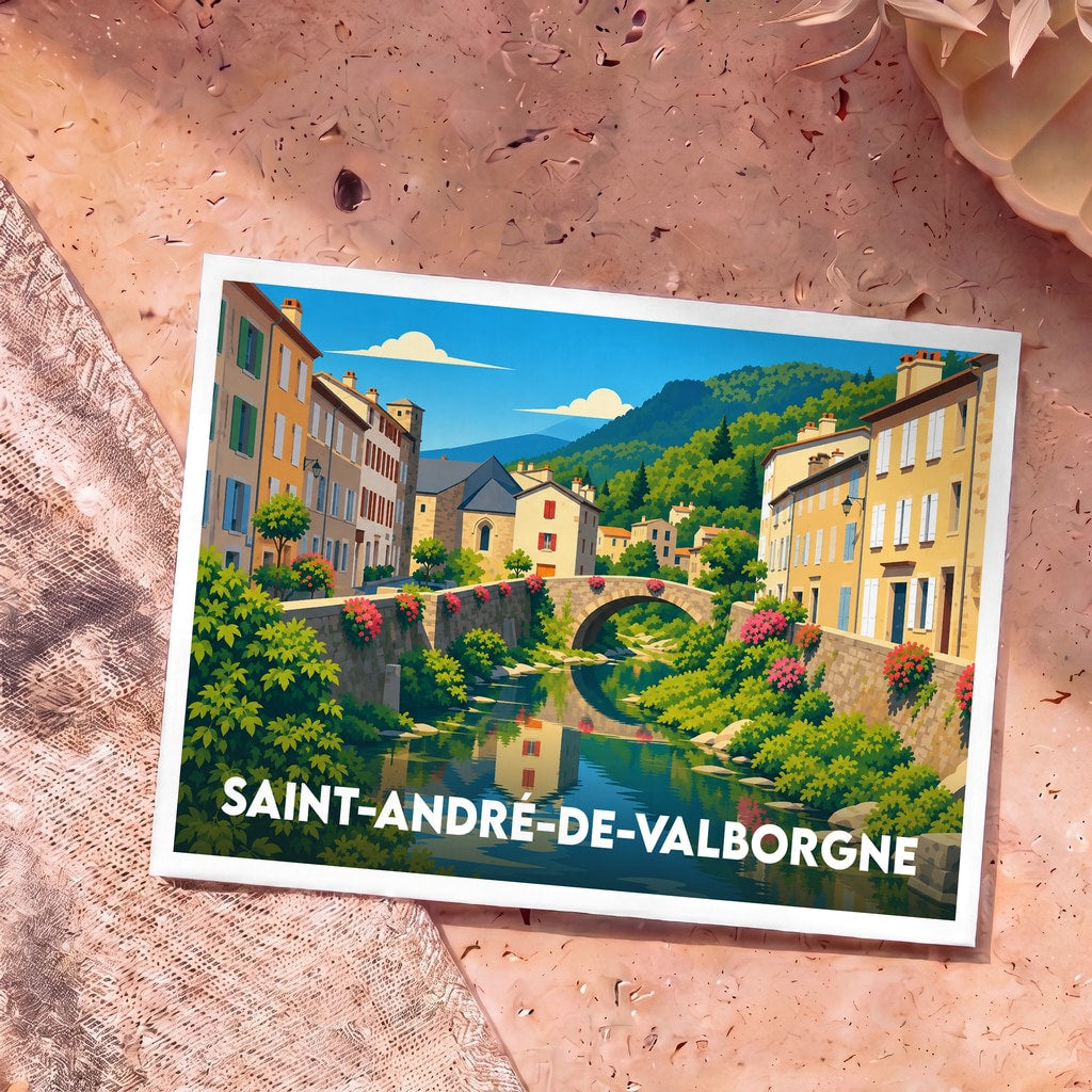 Carte postale souvenir de Saint-André-de-Valborgne illustrant un pont en pierre sur une rivière bordée de maisons colorées.