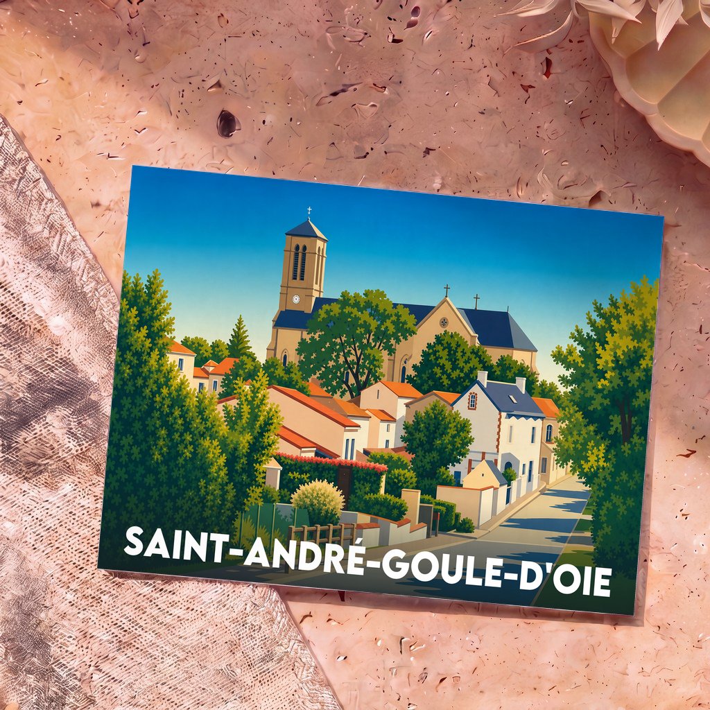 Carte postale souvenir de Saint-André-Goule-d'Oie avec une illustration stylisée du village et de son église.
