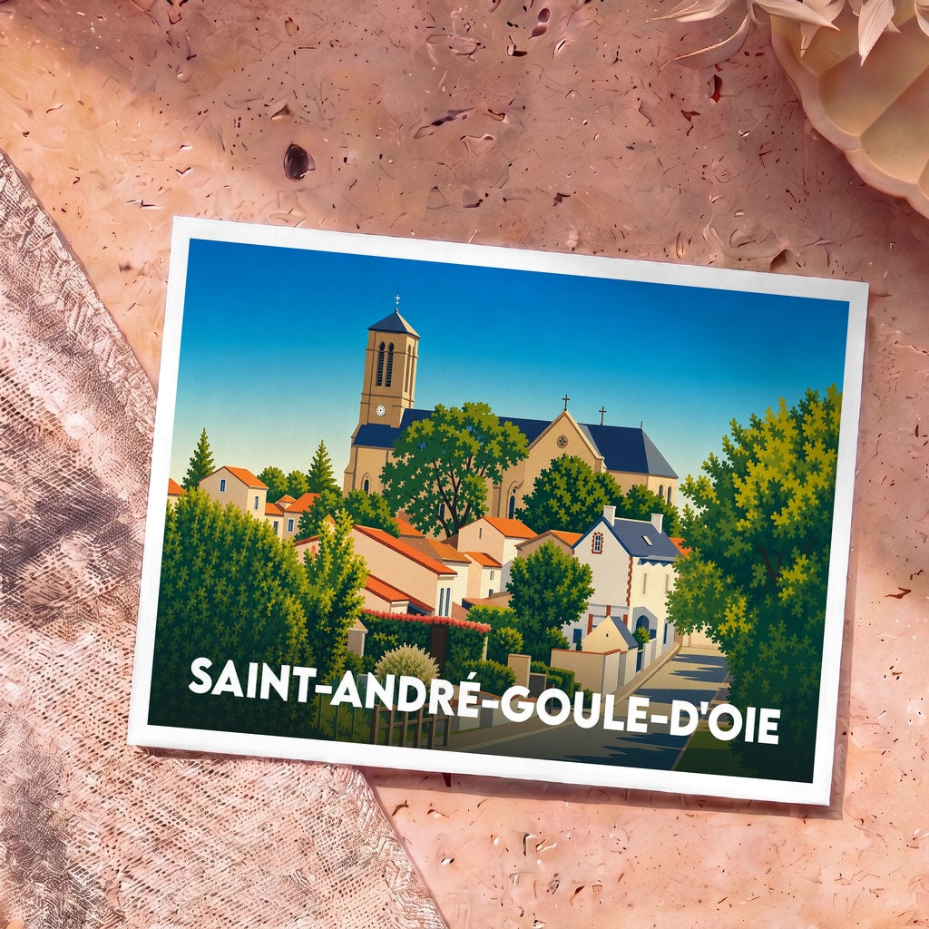 Carte postale souvenir de Saint-André-Goule-d'Oie avec une illustration stylisée du village et de son église.