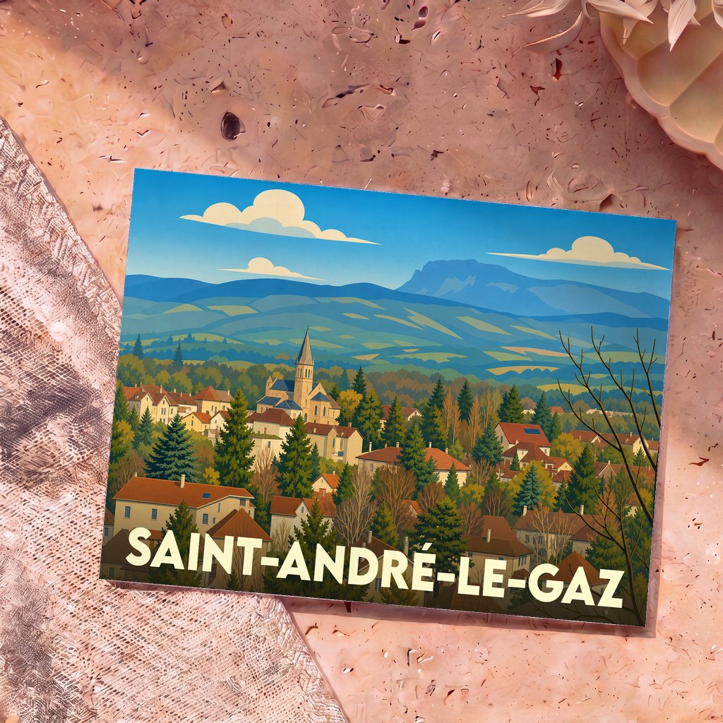 Carte postale souvenir de la ville de Saint-André-le-Gaz avec une illustration stylisée d'un paysage de village au pied des montagnes.