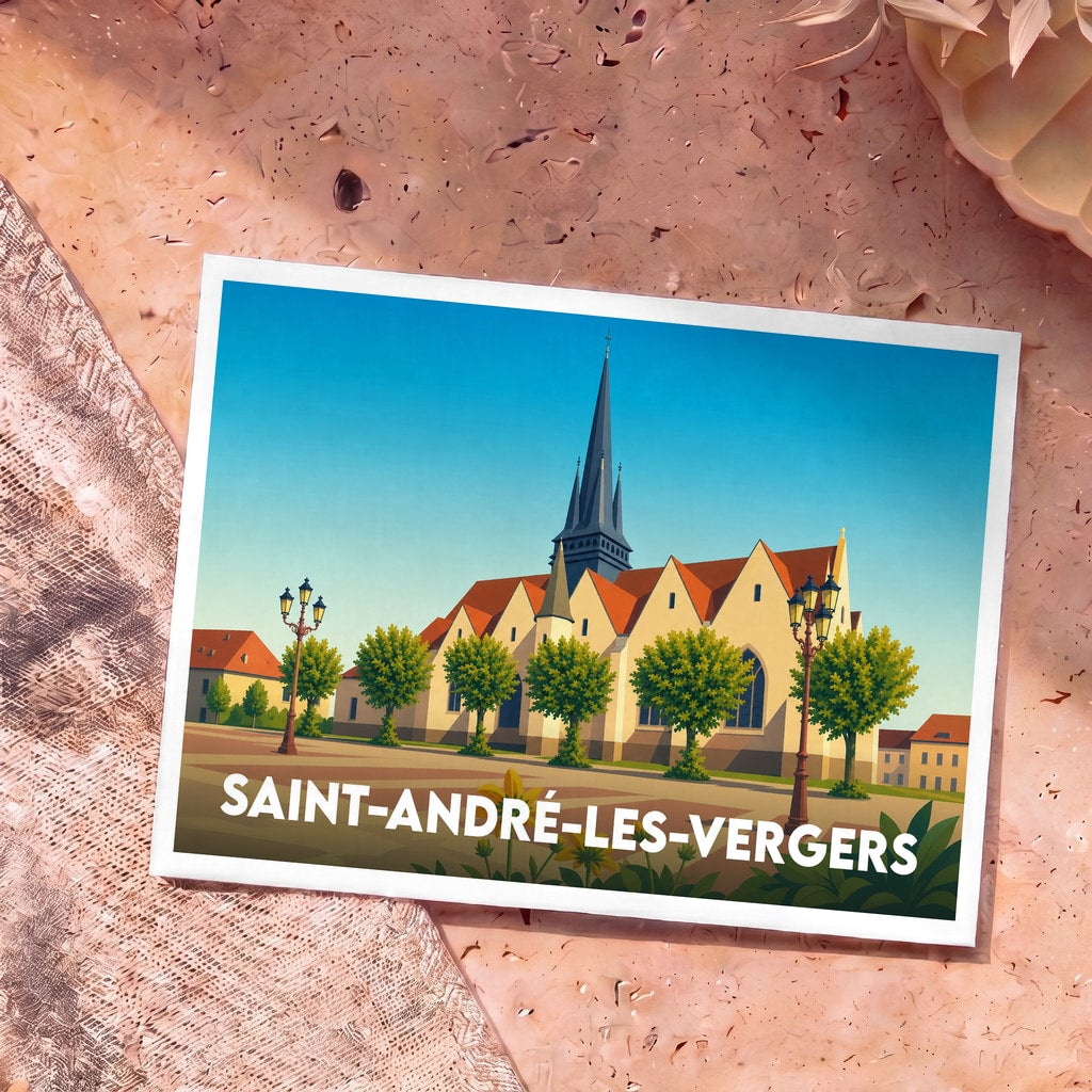 Carte postale souvenir de la ville de Saint-André-les-Vergers avec une illustration stylisée de son église et de sa place.