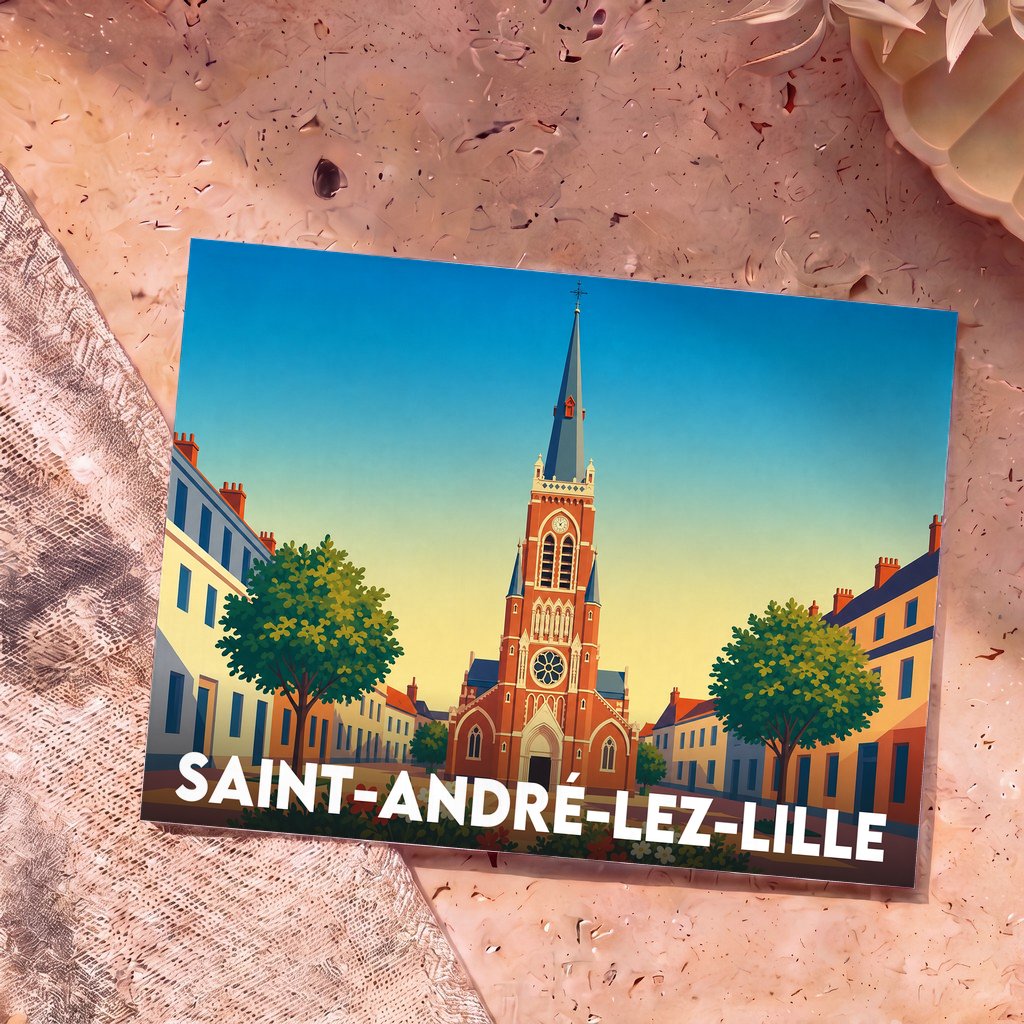 Carte postale souvenir de la ville de Saint-André-lez-Lille avec une illustration stylisée de son église.