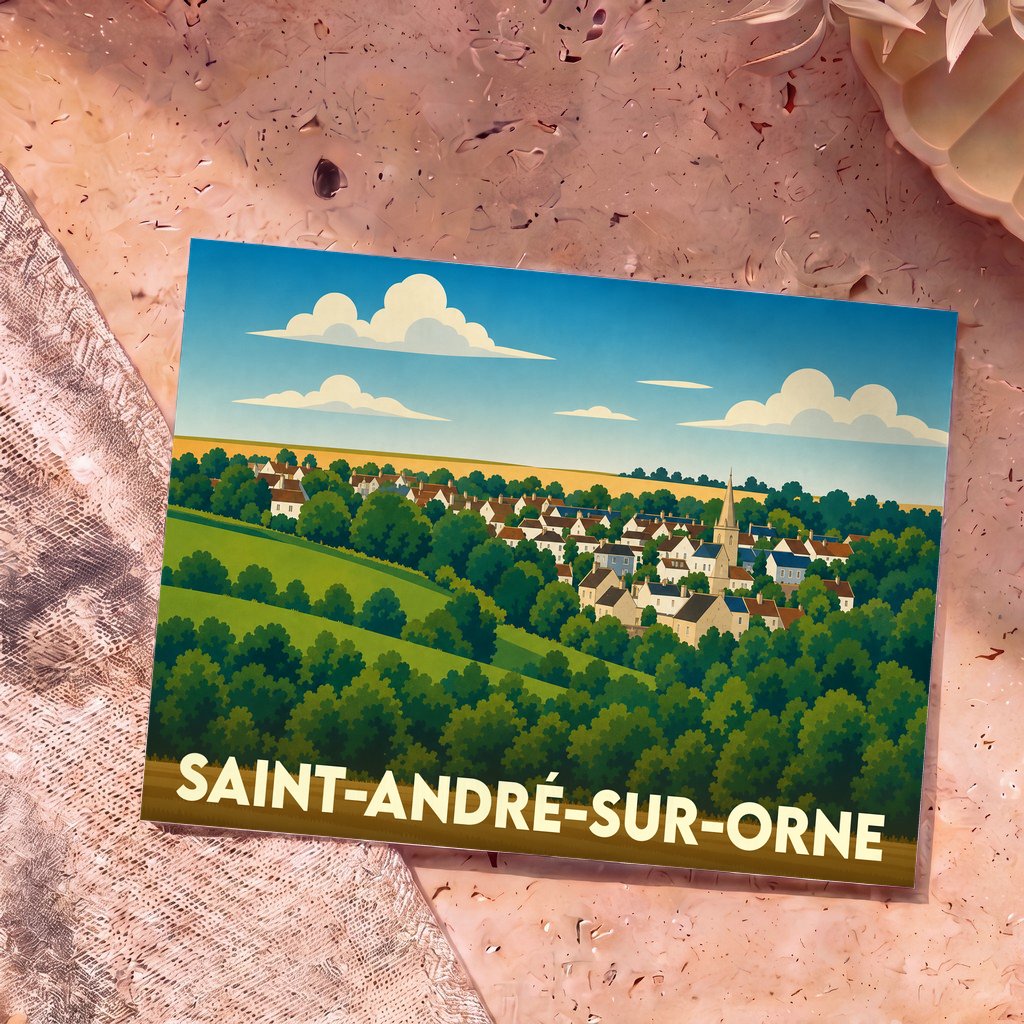 Carte postale souvenir de la ville de Saint-André-sur-Orne avec une illustration stylisée de son paysage.