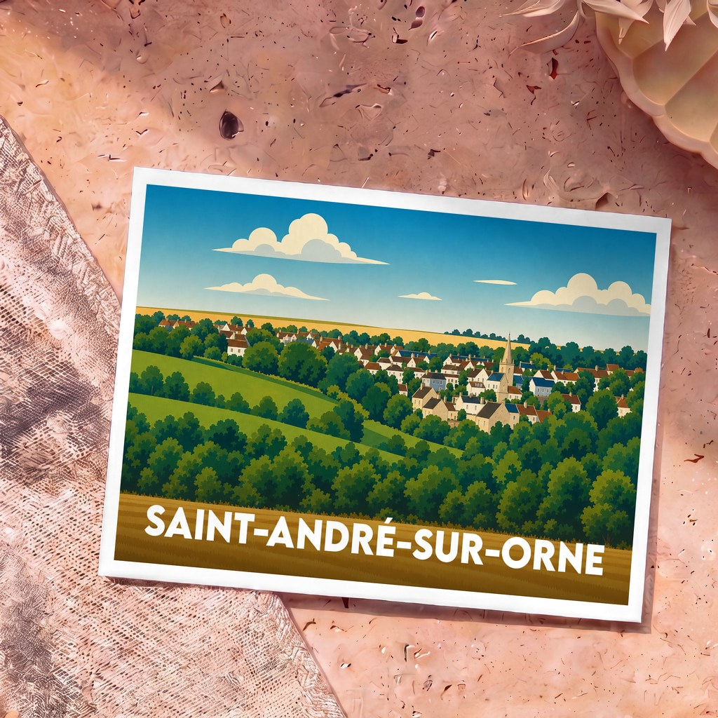 Carte postale souvenir de la ville de Saint-André-sur-Orne avec une illustration stylisée de son paysage.