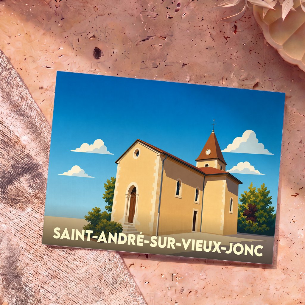 Carte postale souvenir de la ville de Saint-André-sur-Vieux-Jonc avec une illustration stylisée de son église.
