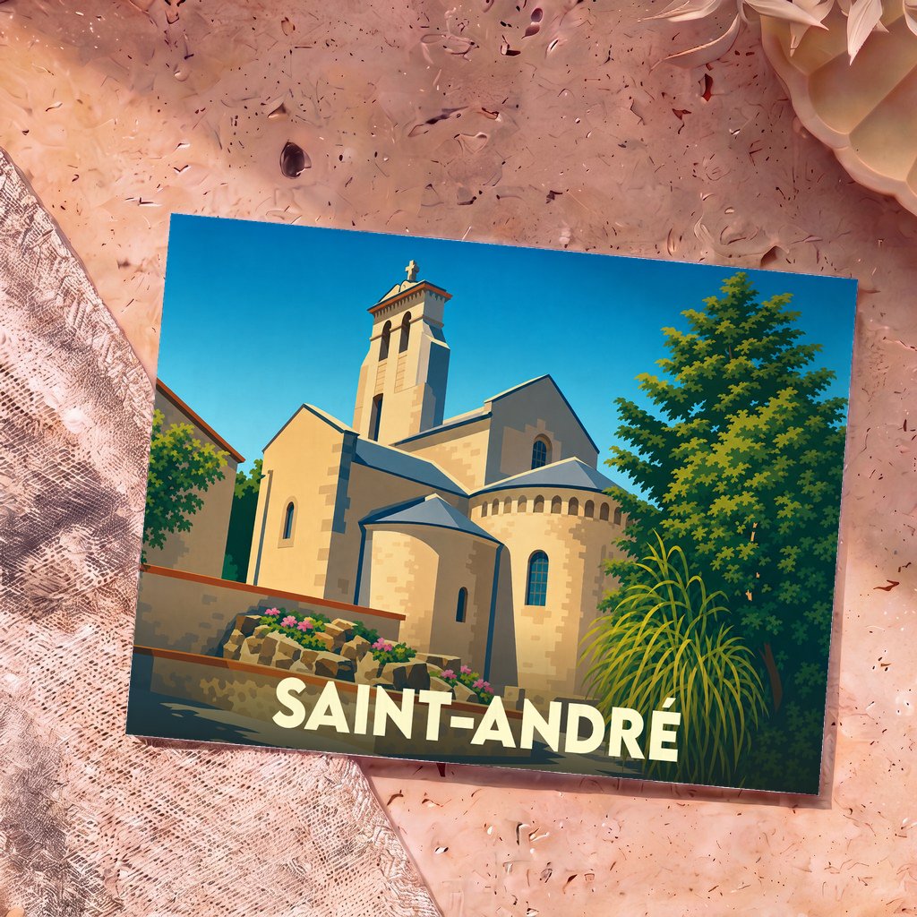Carte postale souvenir de la ville de Saint-André avec une illustration stylisée de son église romane.