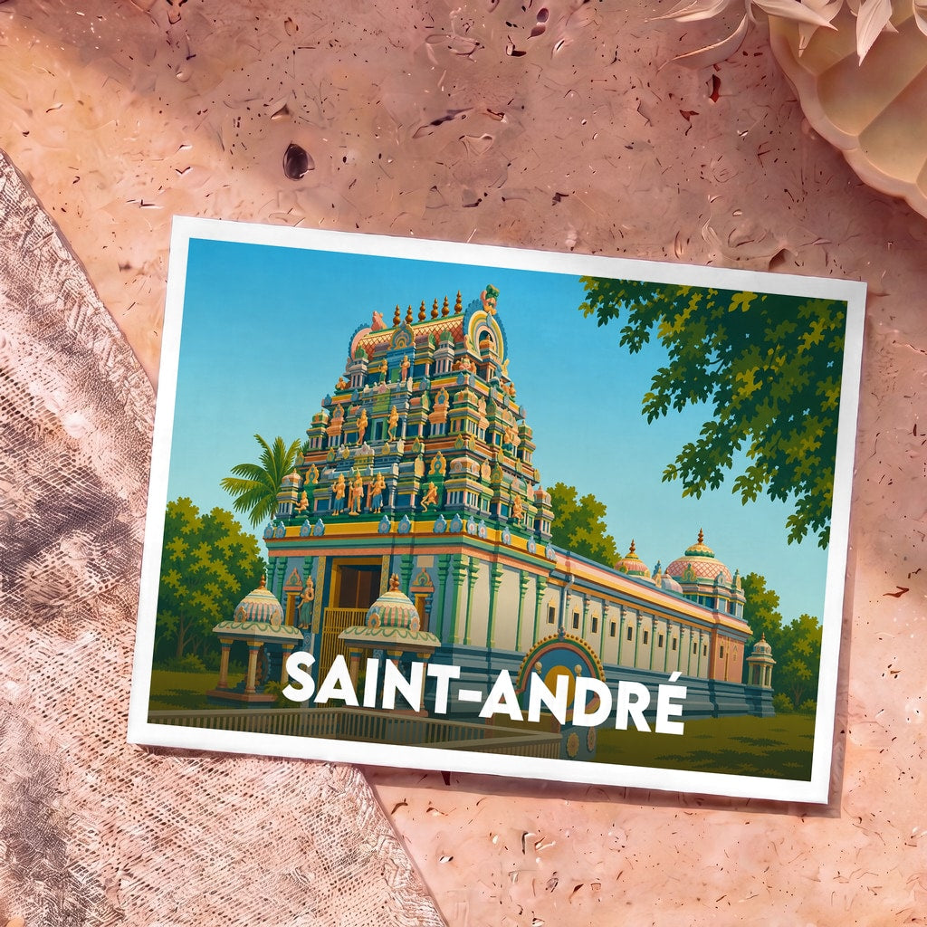 Carte postale souvenir de la ville de Saint-André avec une illustration stylisée d'un temple tamoul coloré.