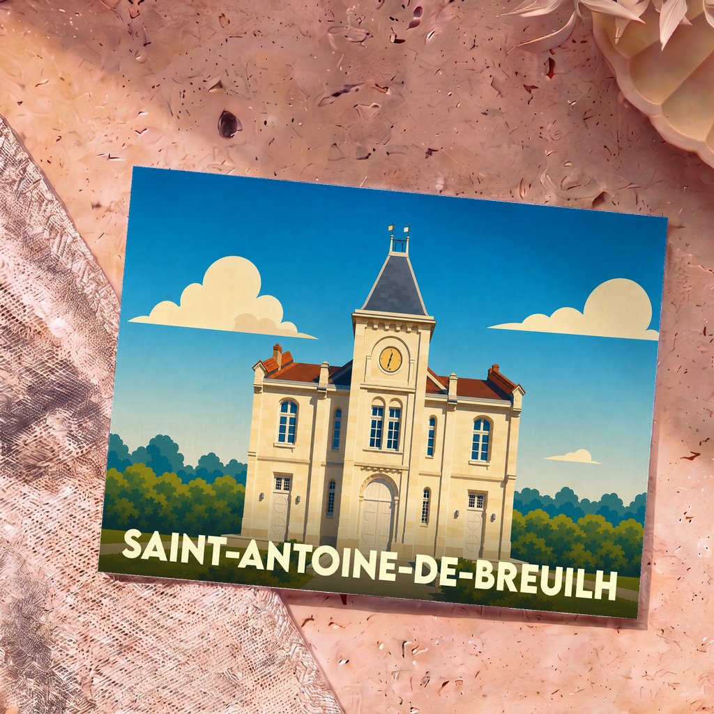 Carte postale souvenir de la ville de Saint-Antoine-de-Breuilh avec une illustration stylisée de son hôtel de ville.