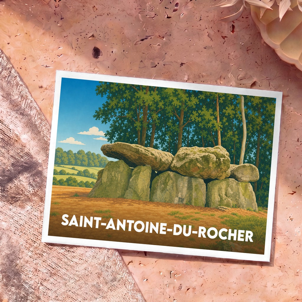 Carte postale souvenir de la ville de Saint-Antoine-du-Rocher illustrant le célèbre dolmen de la Grotte aux Fées.