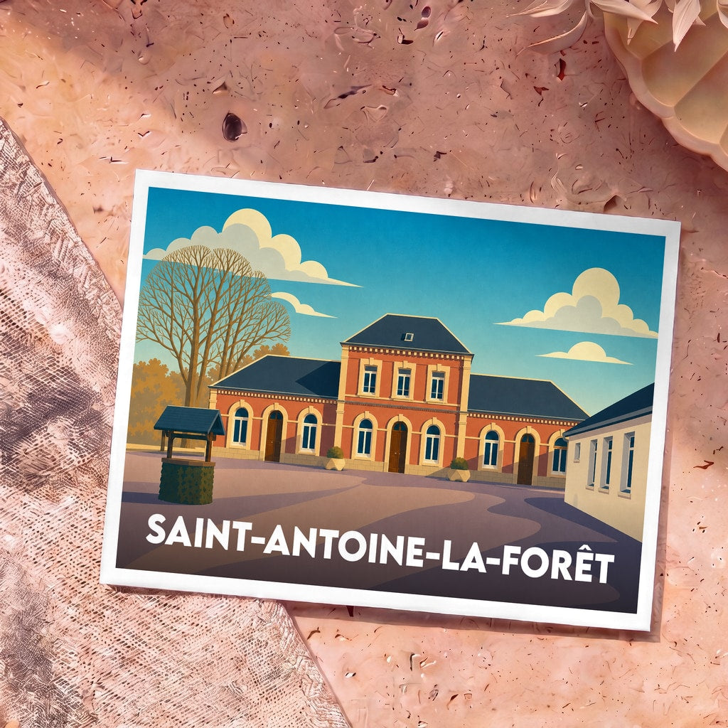 Carte postale souvenir de la ville de Saint-Antoine-la-Forêt avec une illustration stylisée de sa mairie.