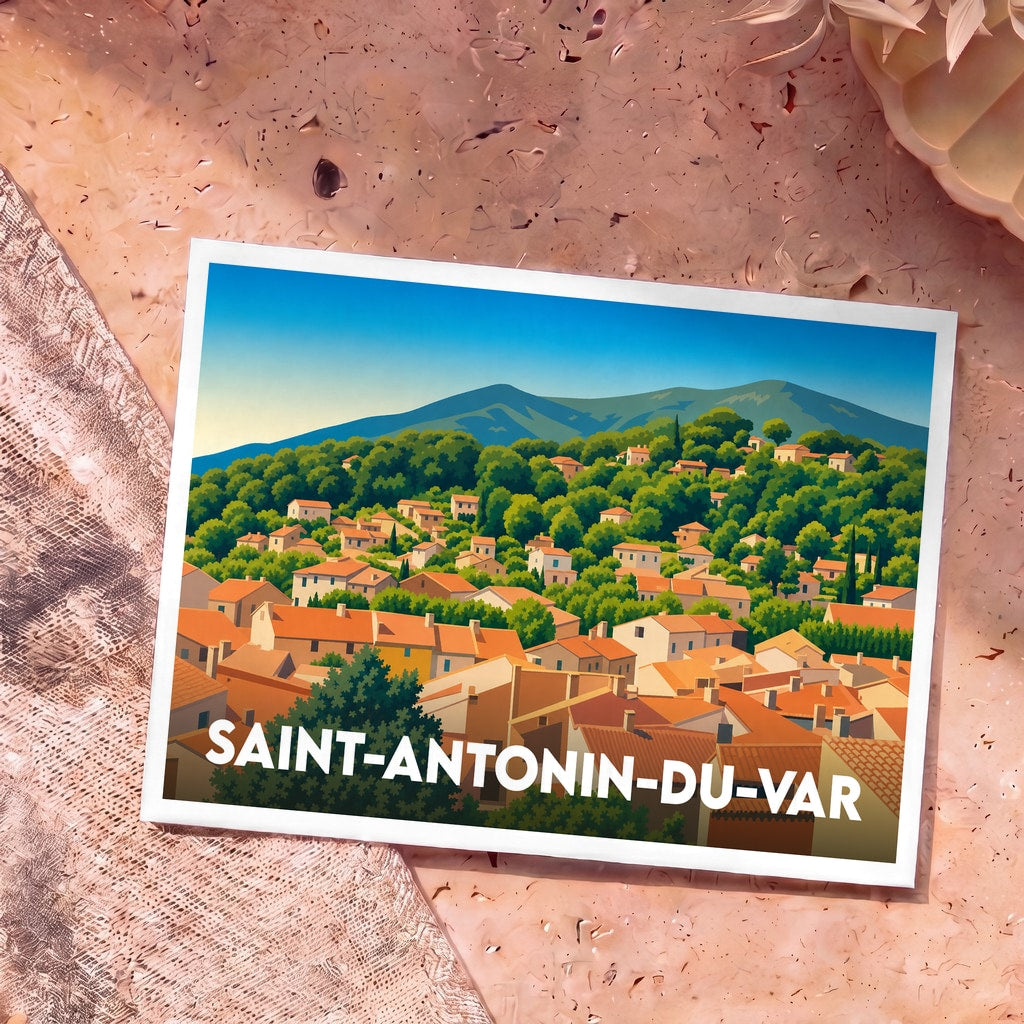 Carte postale souvenir de Saint-Antonin-du-Var présentant une illustration stylisée du village et de ses collines.