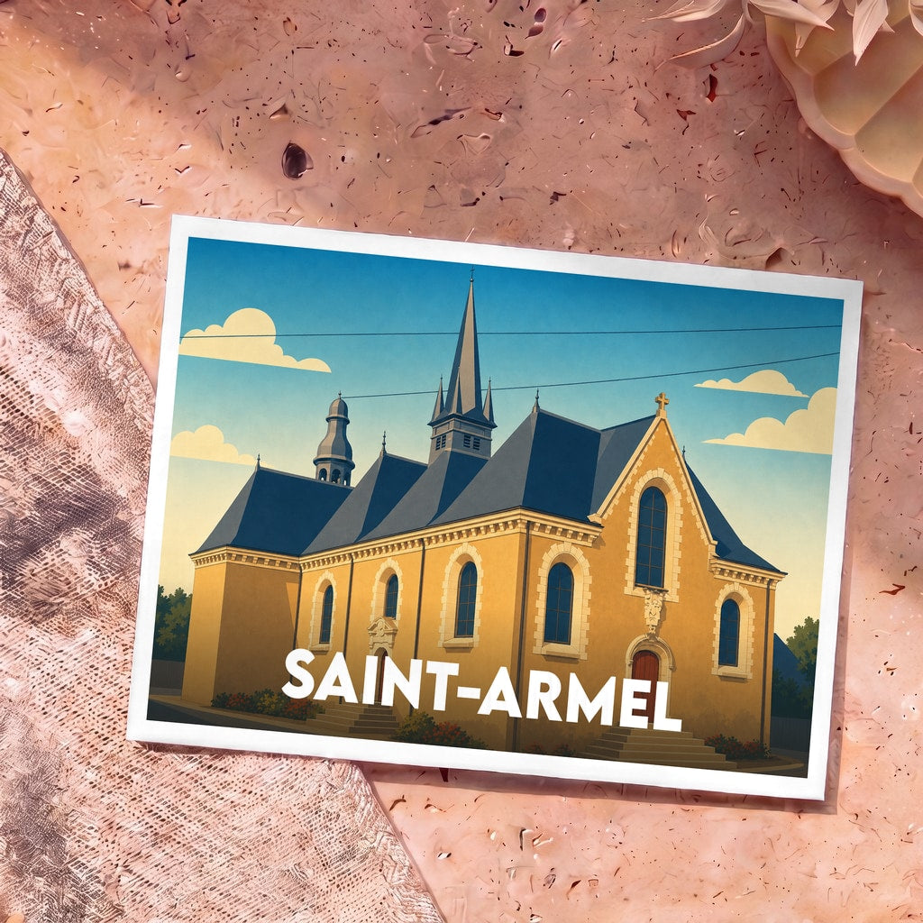 Carte postale souvenir de la ville de Saint-Armel illustrant son église dans un style graphique épuré.