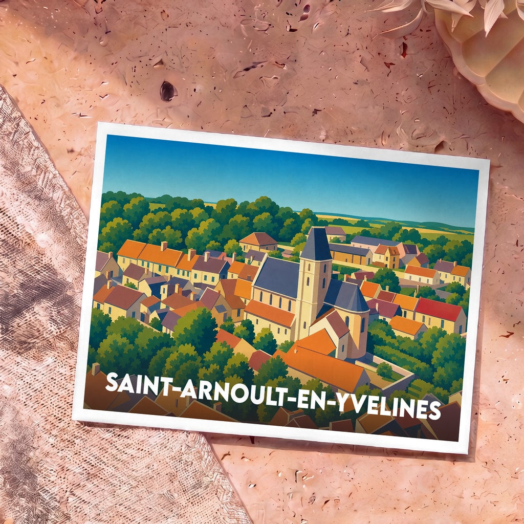 Carte postale souvenir de la ville de Saint-Arnoult-en-Yvelines avec une illustration stylisée.
