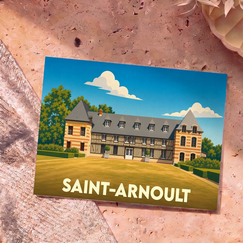 Carte postale souvenir de la ville de Saint-Arnoult illustrant un manoir normand au style graphique épuré.
