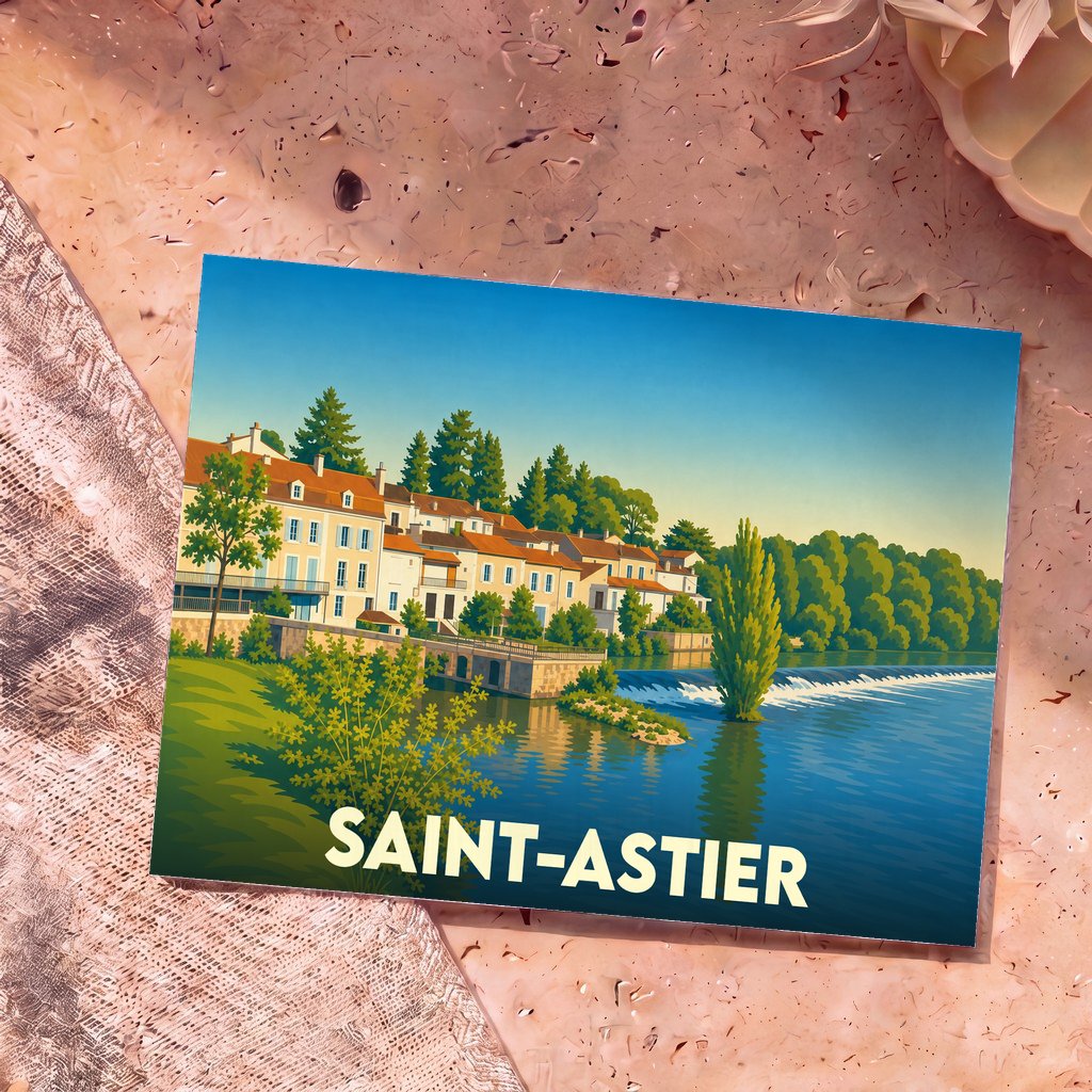 Carte postale souvenir de la ville de Saint-Astier avec une illustration stylisée d'un paysage fluvial.