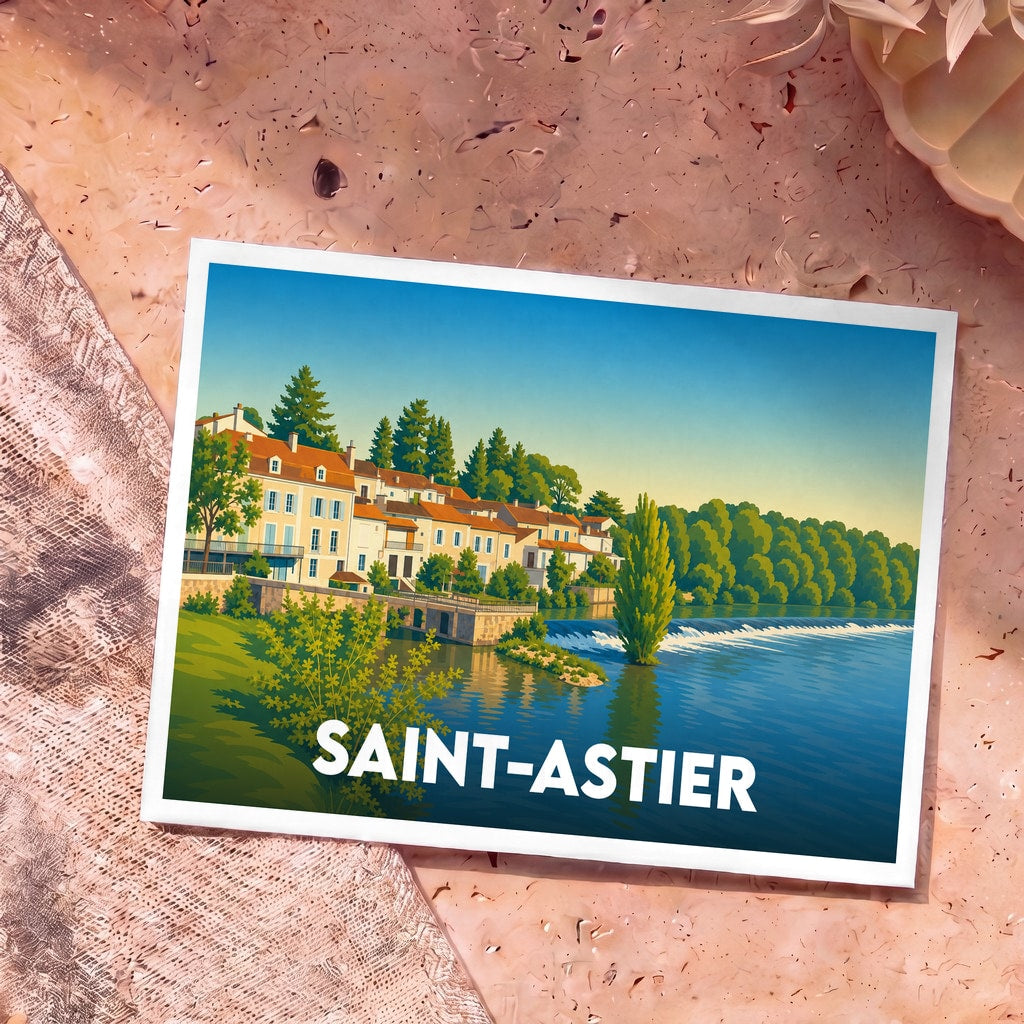 Carte postale souvenir de la ville de Saint-Astier avec une illustration stylisée d'un paysage fluvial.