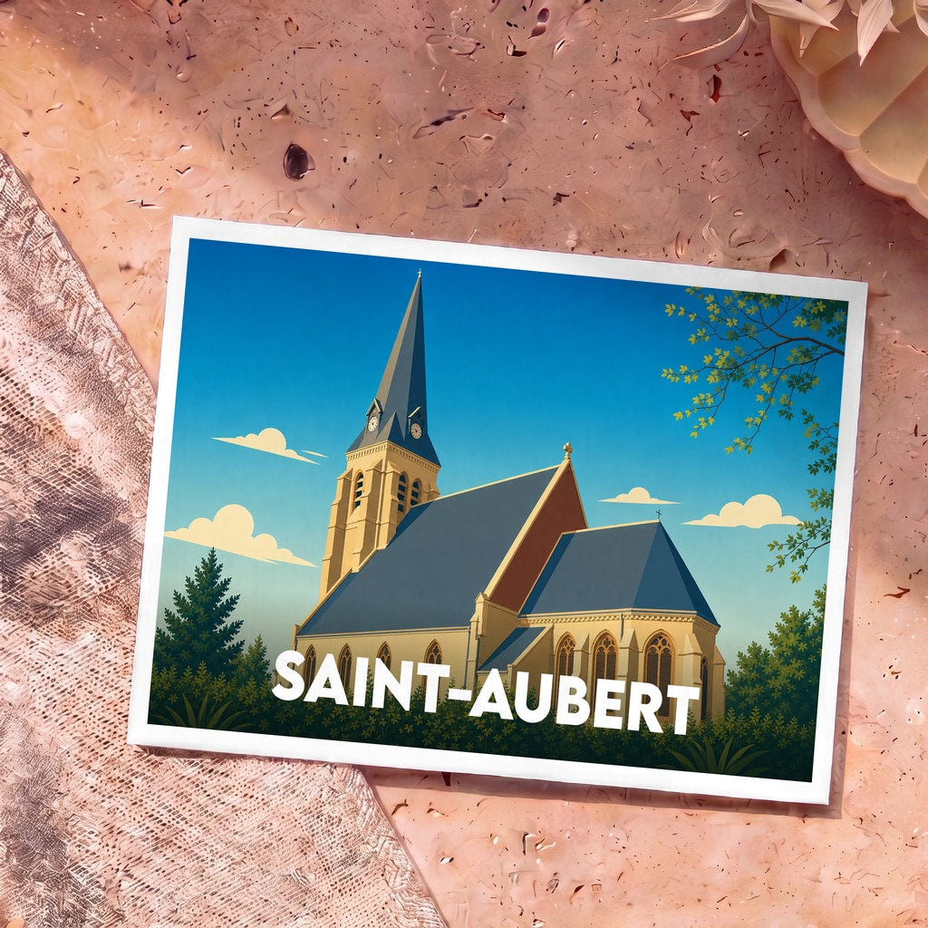 Carte postale souvenir de la ville de Saint-Aubert avec une illustration stylisée de son église.
