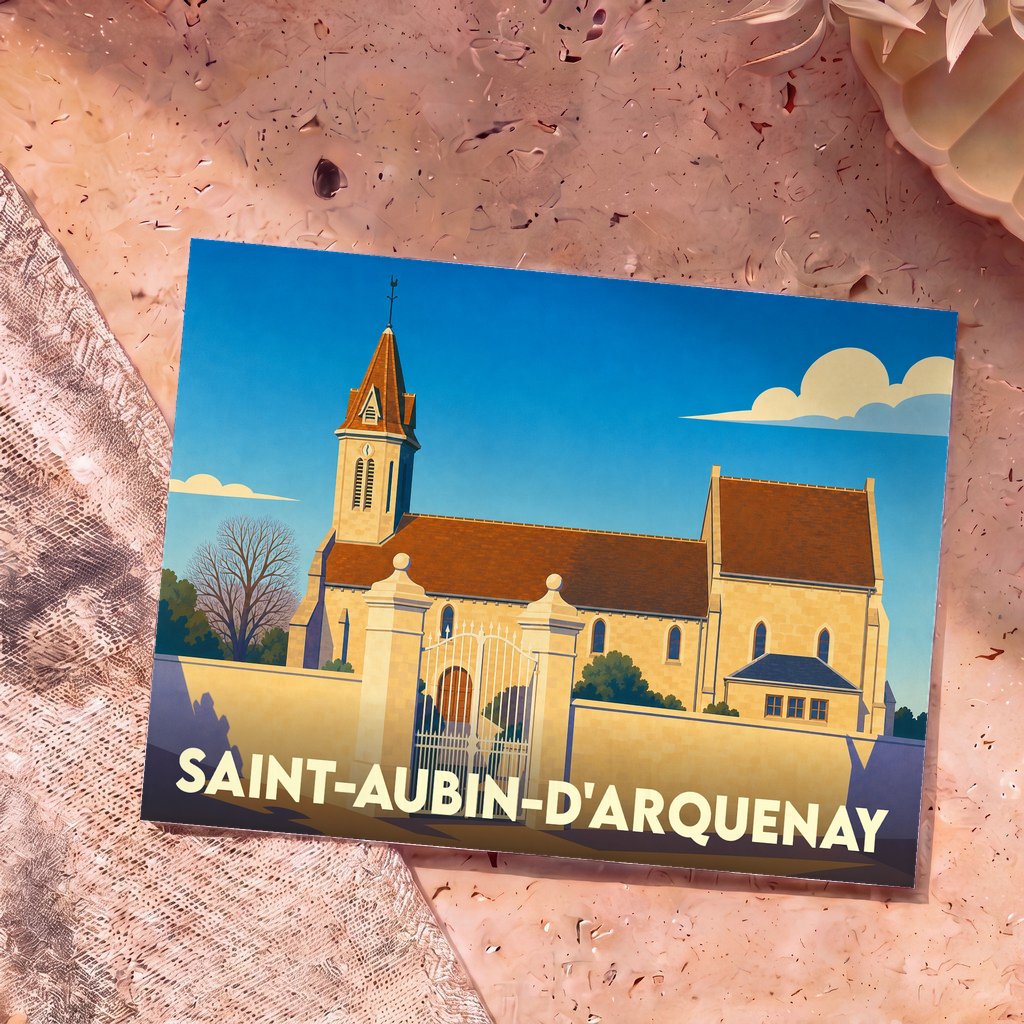 Carte postale souvenir de la ville de Saint-Aubin-d'Arquenay avec une illustration stylisée de son église.