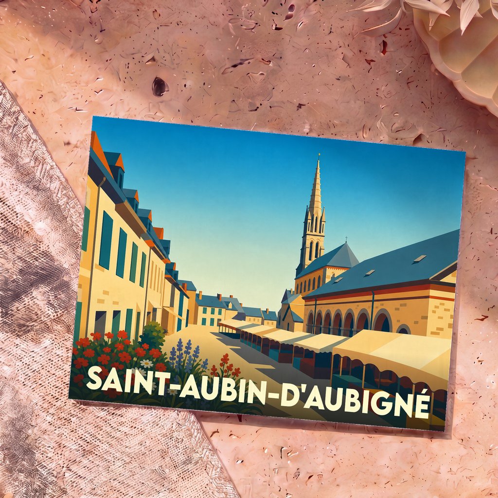 Carte postale souvenir de la ville de Saint-Aubin-d'Aubigné avec une illustration stylisée de son centre-ville.
