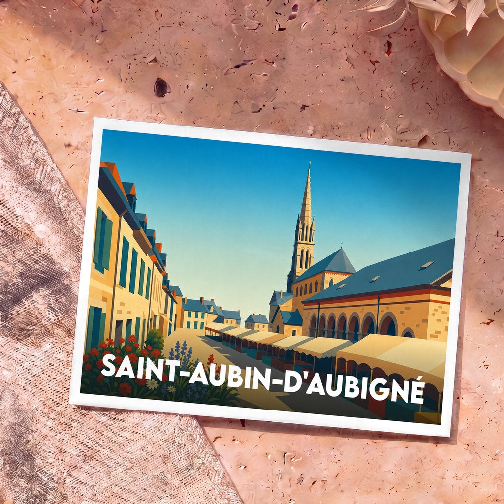 Carte postale souvenir de la ville de Saint-Aubin-d'Aubigné avec une illustration stylisée de son centre-ville.