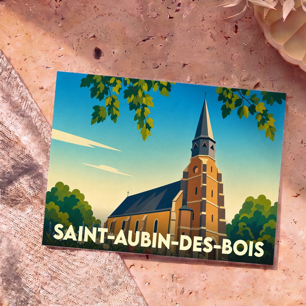 Carte postale souvenir de la ville de Saint-Aubin-des-Bois avec une illustration stylisée de son église.