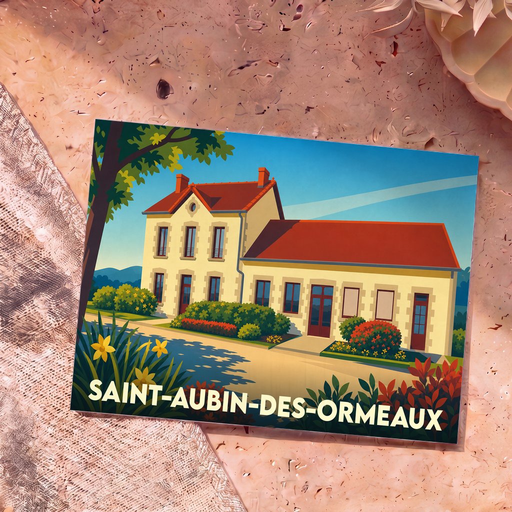 Carte postale souvenir de la ville de Saint-Aubin-des-Ormeaux avec une illustration stylisée de sa mairie.