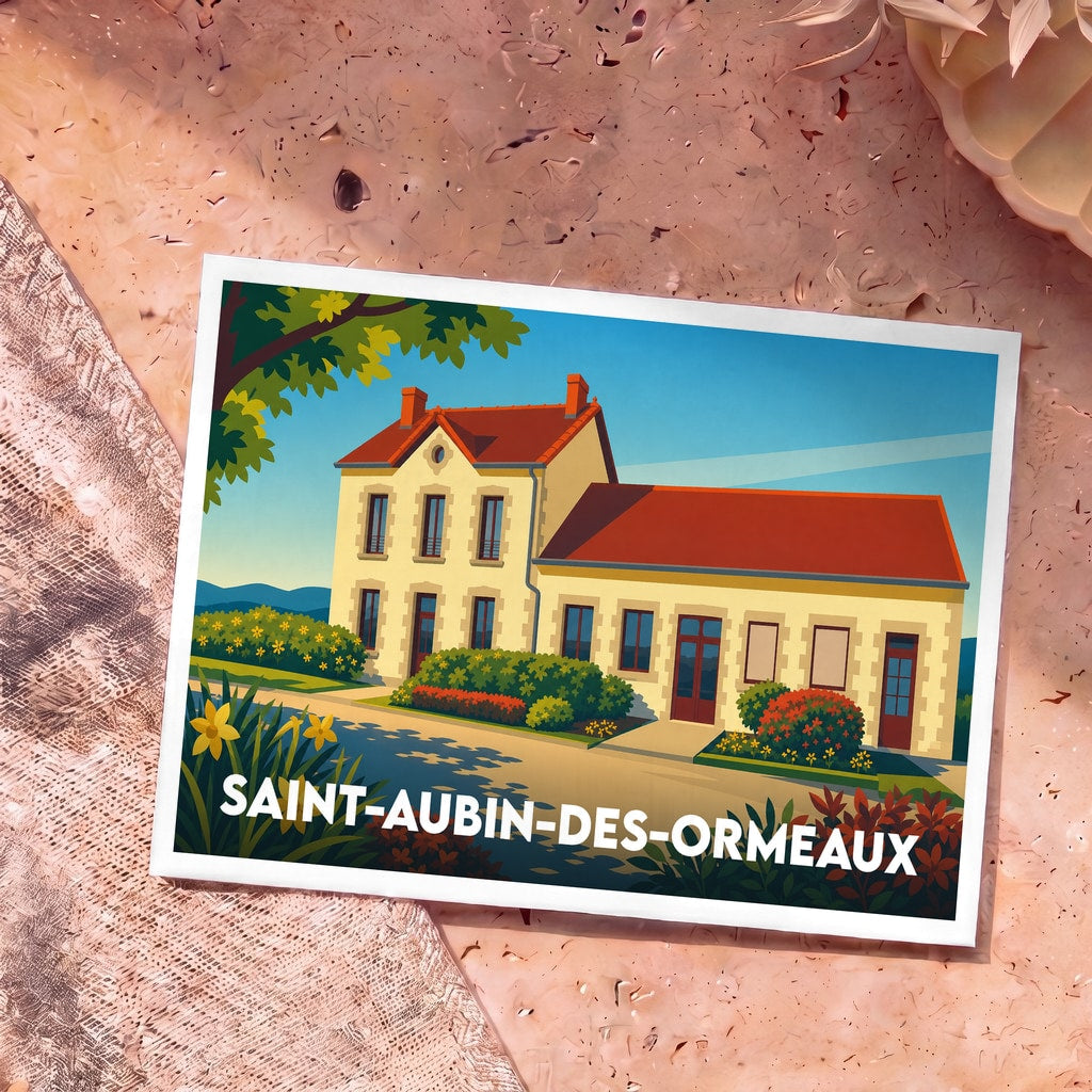 Carte postale souvenir de la ville de Saint-Aubin-des-Ormeaux avec une illustration stylisée de sa mairie.