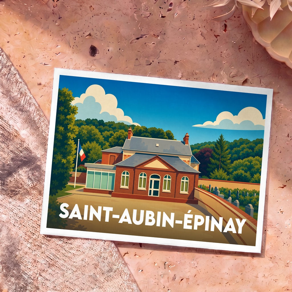 Carte postale souvenir de la ville de Saint-Aubin-Épinay avec une illustration stylisée de sa mairie.