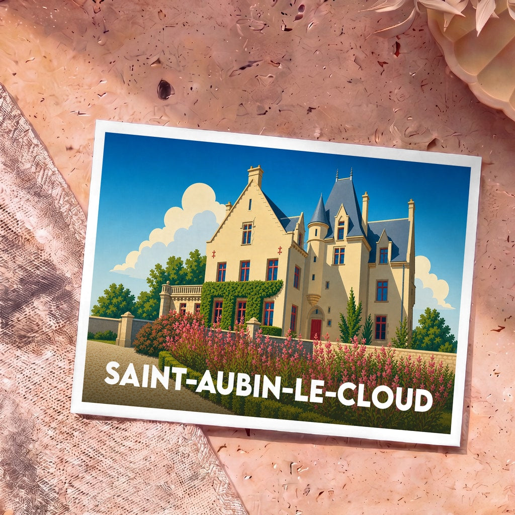Carte postale souvenir de la ville de Saint-Aubin-le-Cloud avec une illustration stylisée d'un château.