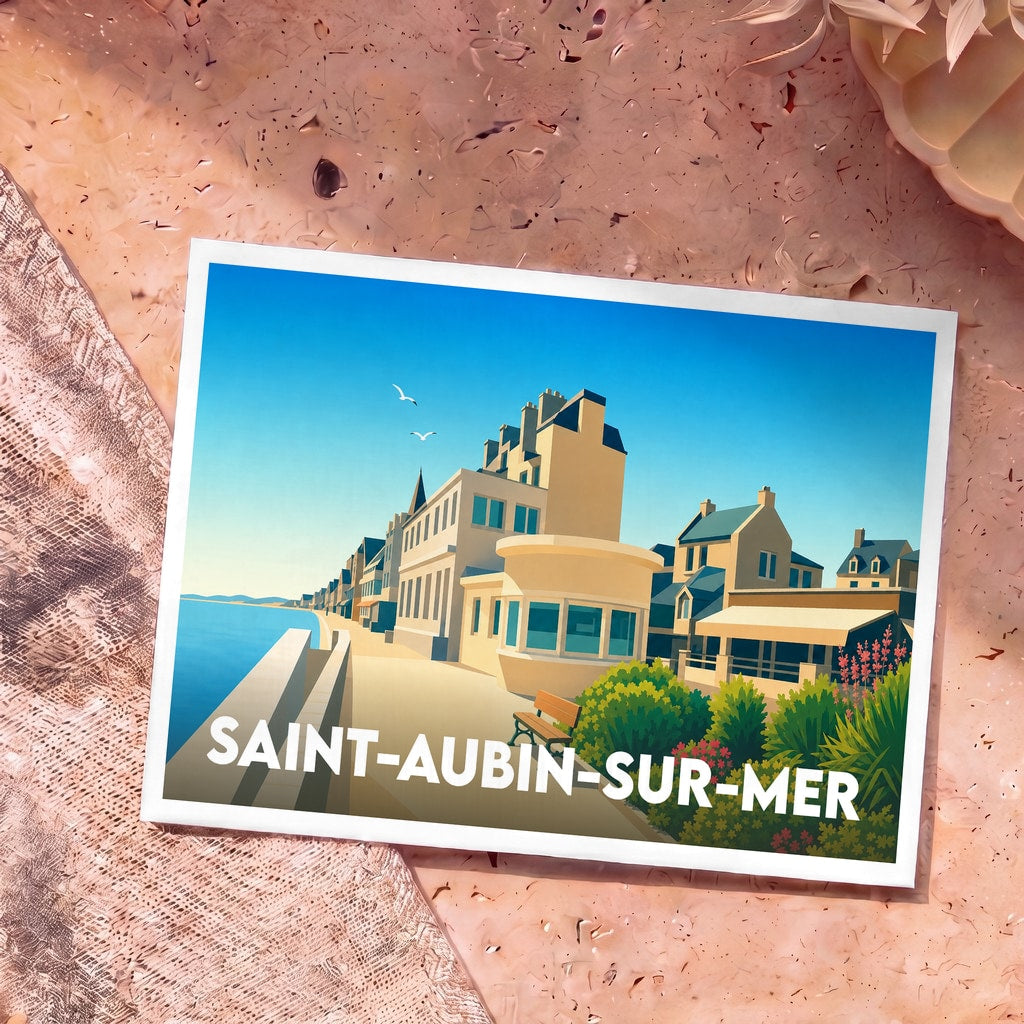 Carte postale souvenir de la ville de Saint-Aubin-sur-Mer avec une illustration stylisée de sa digue et du bord de mer.