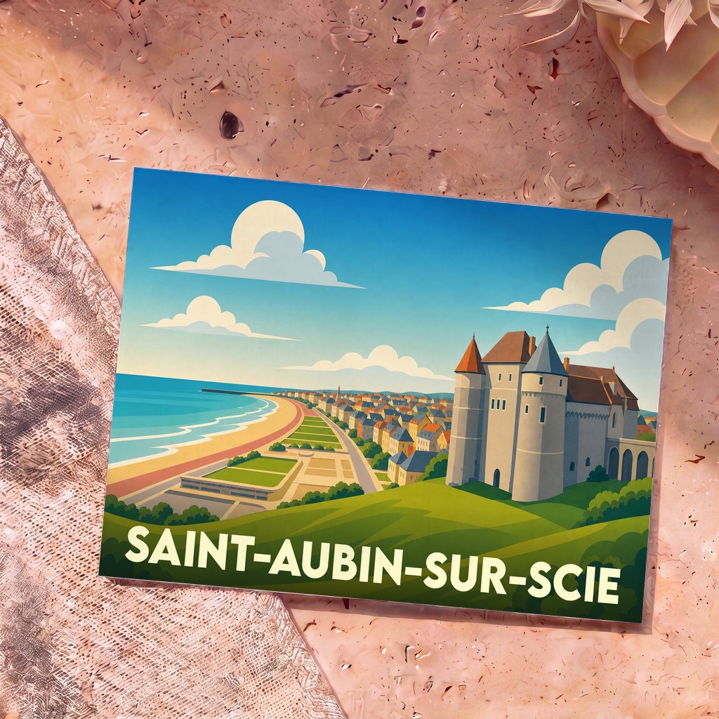 Carte postale souvenir de la ville de Saint-Aubin-sur-Scie avec une illustration stylisée de son château et de son littoral.