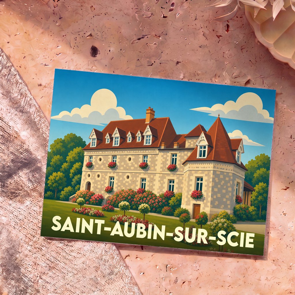 Carte postale souvenir de Saint-Aubin-sur-Scie illustrant un château normand stylisé entouré de fleurs.